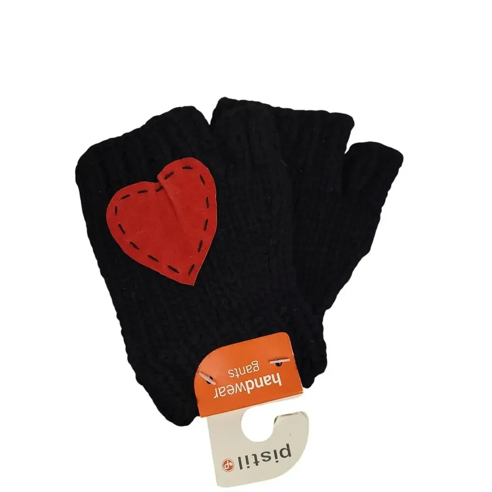 Pistil Lambswool Fingerless Gloves Black Red Heart Patch Handwear Emo Cute NWT